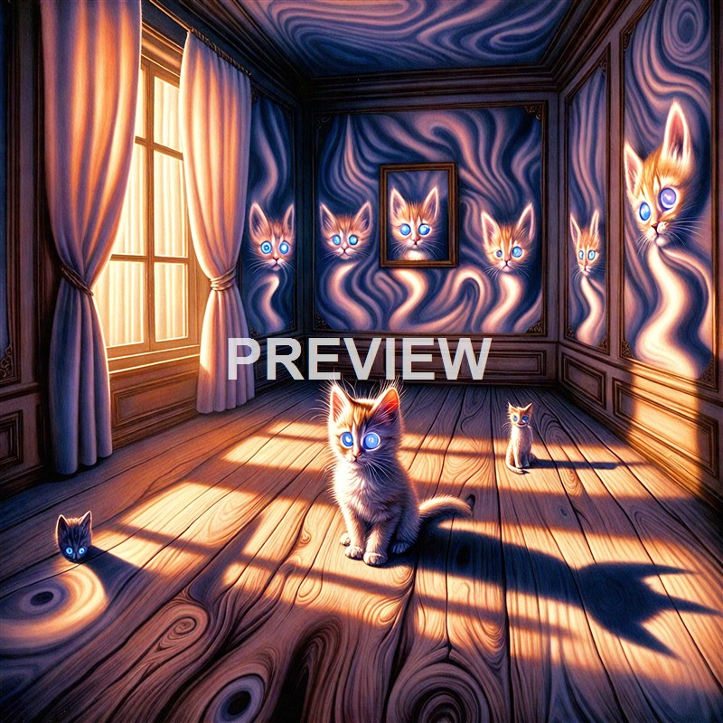 A surreal, digital painting of a room with wooden floors and walls, featuring multiple floating, glowing cats with blue eyes and swirling patterns, with some cats casting shadows on the floor and one sitting by a window with curtains.